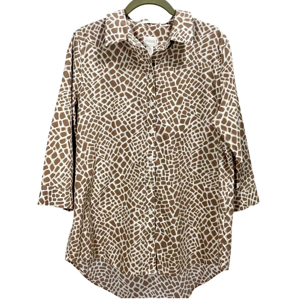 Chico's Button-Up Shirt No-Iron Giraffe Print 3/4 sleeves hi/lo Women's Size 1